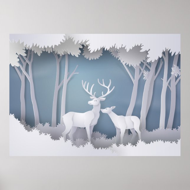 Poster Cerf coupé en papier en forêt (Devant)