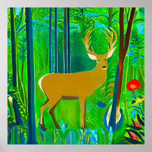 Poster Cerf dans un cadre forestier d'Imaginaire