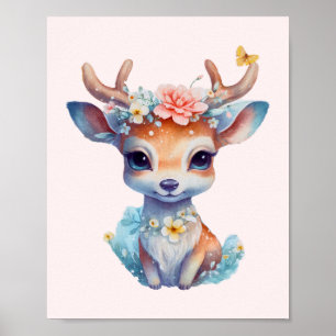 Poster Cerf de Bébé mignon avec Antlers et Fleurs