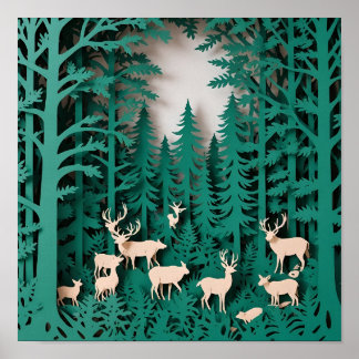 Poster Cerf de forêt enchanté - Bois d'art coupé en papie