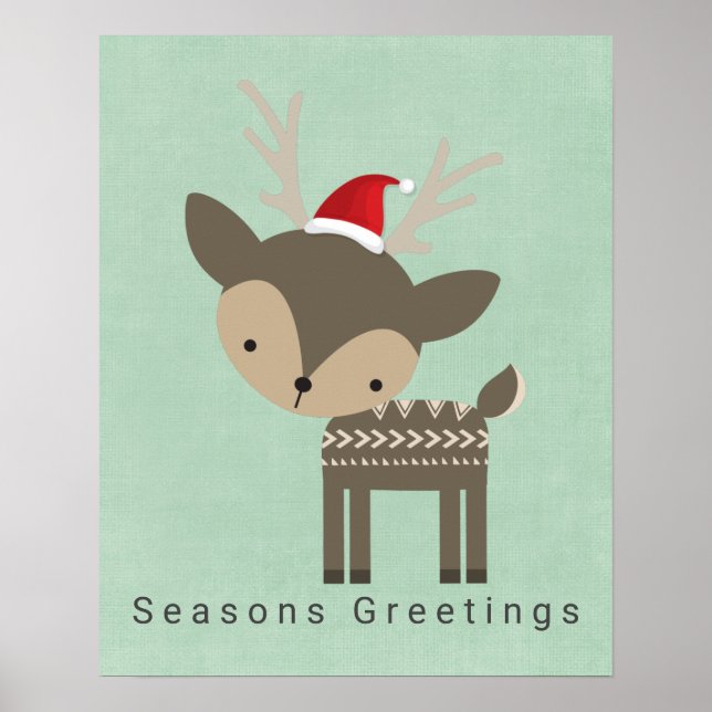 Poster Cerf de Noël Joyeuses Fêtes en chapeau de Père Noë (Devant)