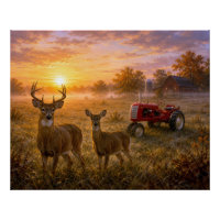 Cerf de Virginie et vieux tracteur rouge vintage
