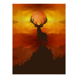 Poster Cerf élaphe au sommet d'une montagne au coucher du