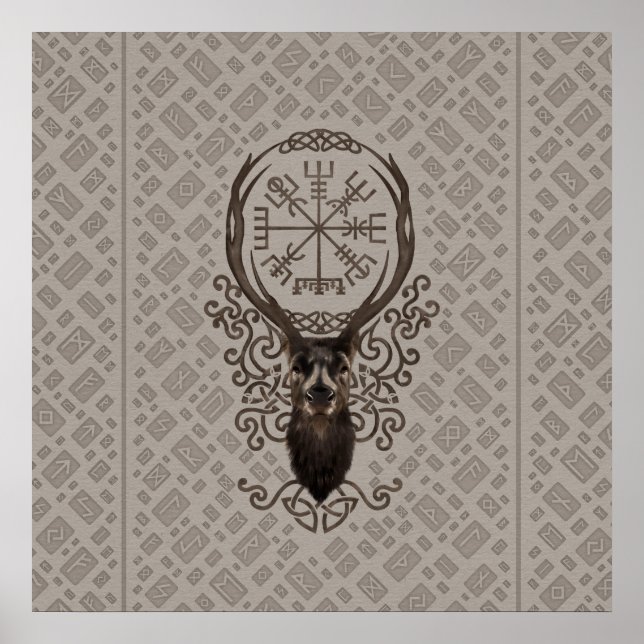 Poster Cerf et Végvisir - Compas de navigation viking (Devant)