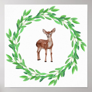 Poster Cerf Faon Bébé Minuscule Peint Couronne de Feuille