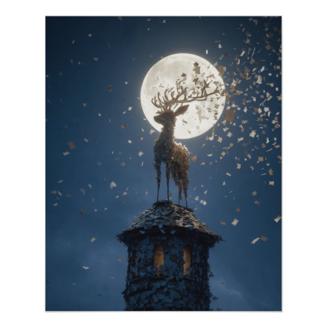 Poster Cerf luisant au clair de lune sur le pic de la tou (Devant)