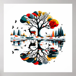 Poster Cerf majestueux dans la forêt hivernale enneigée