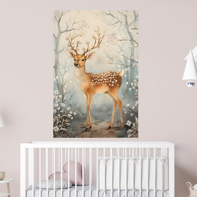 Poster cerf majestueux dans un paysage hivernal serein. - (Pépinière 2)