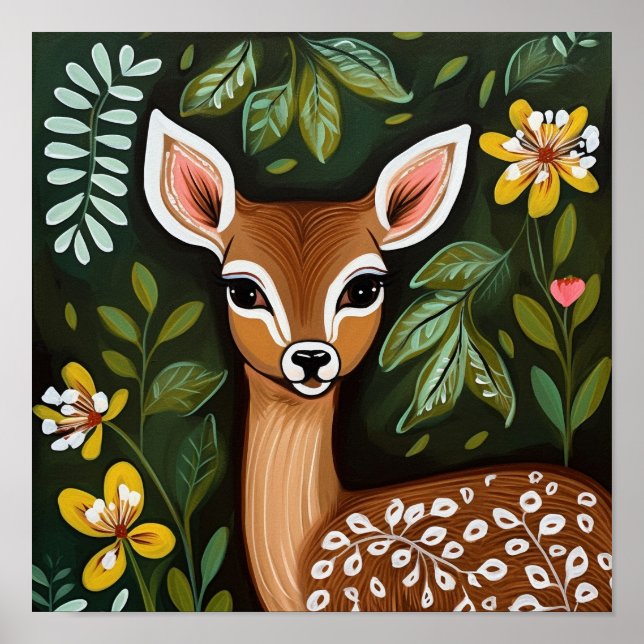 Poster Cerf mignon avec Feuilles et fleurs (Devant)