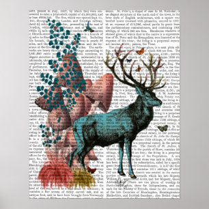 Poster Cerf Turquoise en Forêt de Champignons