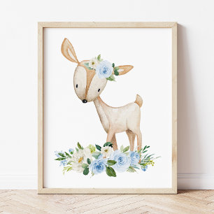 Poster Cerfs, Animaux De Bois, Boho, Fleurs Bleues