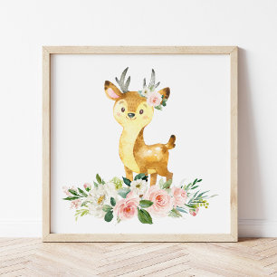 Poster Cerfs, Animaux De Bois, Boho, Fleurs Roses
