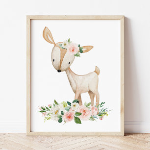 Poster Cerfs, Animaux De Bois, Boho, Fleurs Roses