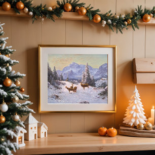 Poster Cerfs avec un troupeau en hiver