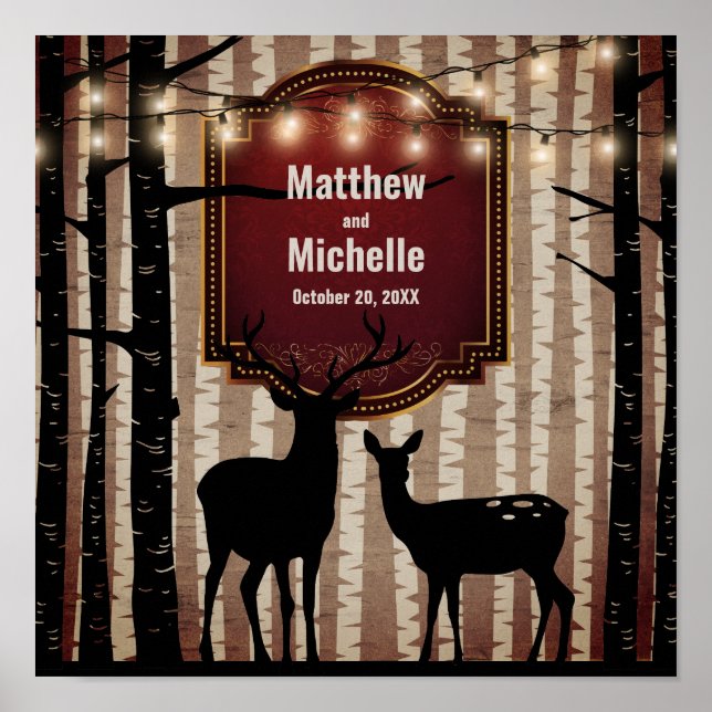 Poster Cerfs et arbres rustiques Mariage boisé automne/hi (Devant)