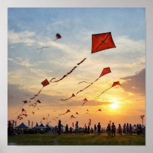 Poster Cerfs-volants au coucher du soleil - Silhouettes d