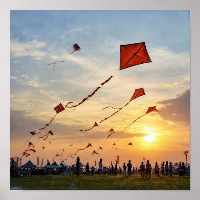 Poster Cerfs-volants au coucher du soleil - Silhouettes d (Devant)