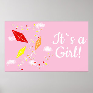 Poster Cerfs-volants en rose ciel C`est un Baby shower fé