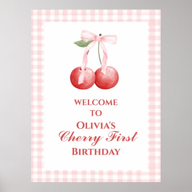 Poster Cerise Première fraise Bow rose 1er anniversaire (Devant)