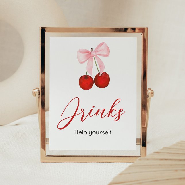 Poster Cerise sur les boissons Baby showers les plus popu (Cherry on Top Pink Bow Baby Shower Drinks Sign)
