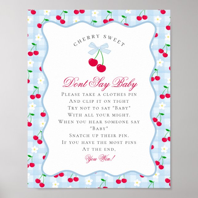 Poster Cerise Sweet Blue Coquette Bow Ne pas dire bébé si (Devant)