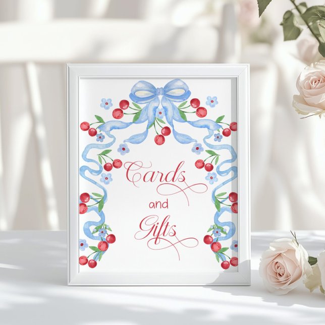 Poster Cerise Whimsical Blue Bow Cartes et cadeaux (Créateur téléchargé)