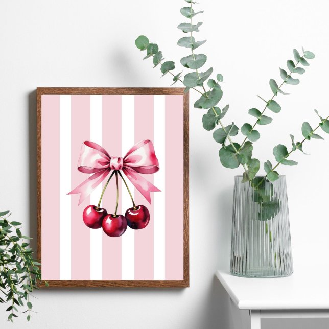 Poster Cerises de Bow rose Coquette Bandes esthétiques Fi (Pink bow cherries wall art poster print. Trendy Girly Bedroom Dorm Room Apartment Wall Art)
