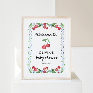 Poster Cerises rouges Baby shower rétro Whimsical Bienv
