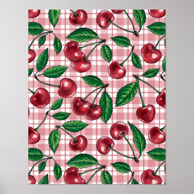 Poster Cerises rouges sur en vichy rose (Devant)