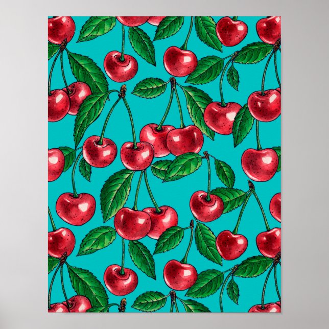 Poster Cerises rouges sur turquoise (Devant)