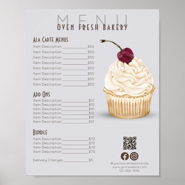 Poster Cerry Cupcake Gray Menu Boulangerie Tarifs (Devant)