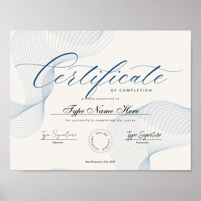 Poster Certificat bleu d'achèvement, réalisation, excel (Devant)