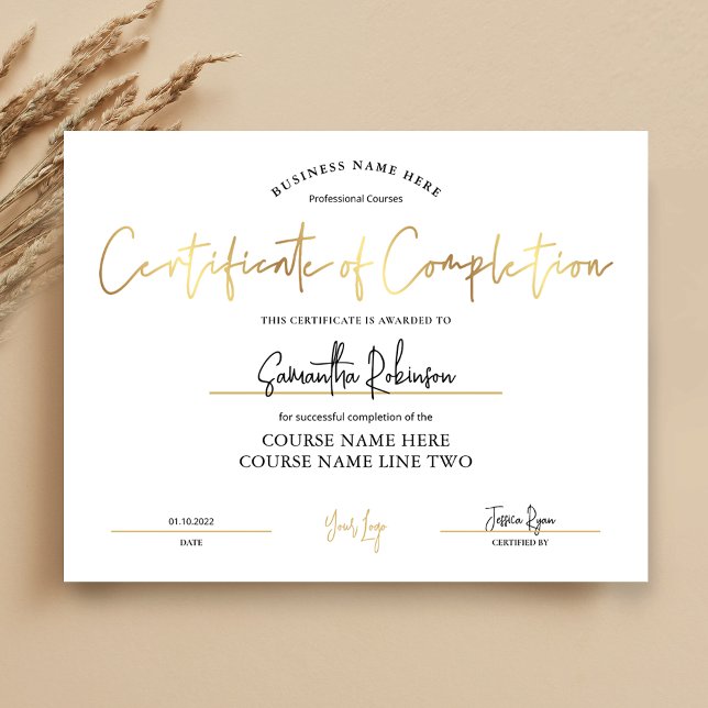 Poster Certificat d'achèvement Faux Gold Téléchargeable (Elegant gold effect downloadable Certificate of Completion Award)