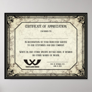 Poster Certificat d'appréciation prix du personnel employ