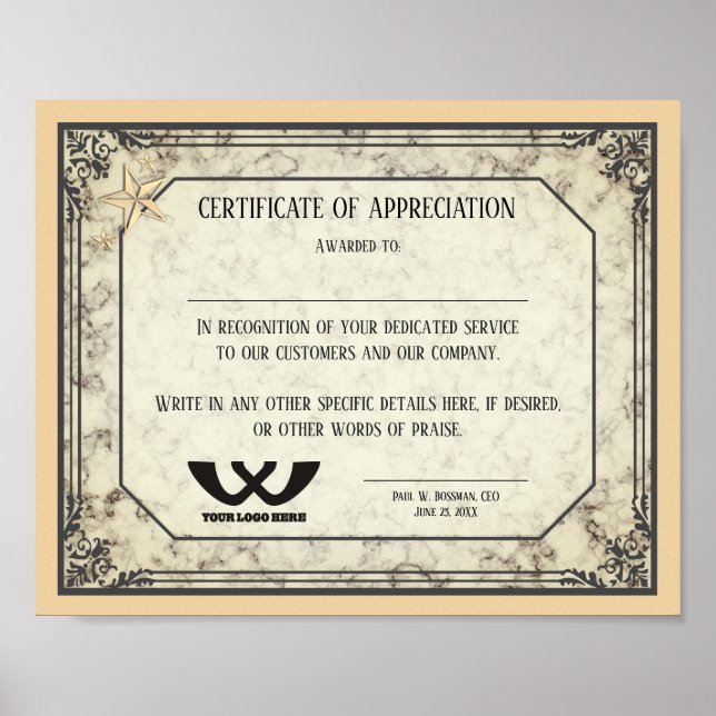 Poster Certificat d'appréciation prix du personnel employ (Devant)