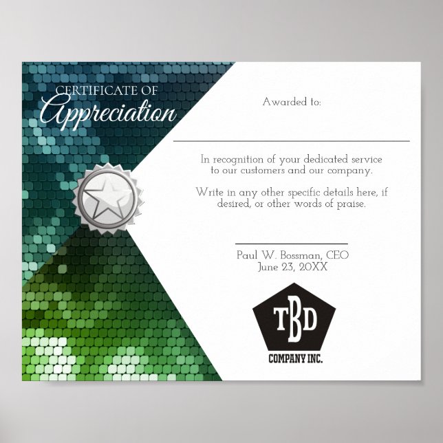 Poster Certificat d'appréciation prix du personnel employ (Devant)