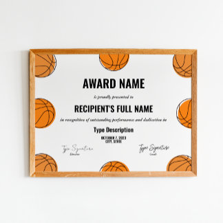 Poster Certificat d'attribution de basket-ball, prix mvp