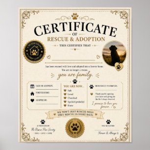 Poster Certificat de Adoption de Chien Personnalisé Cadea