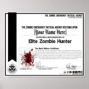 Poster Certificat de chasseur de zombie - ZETA!