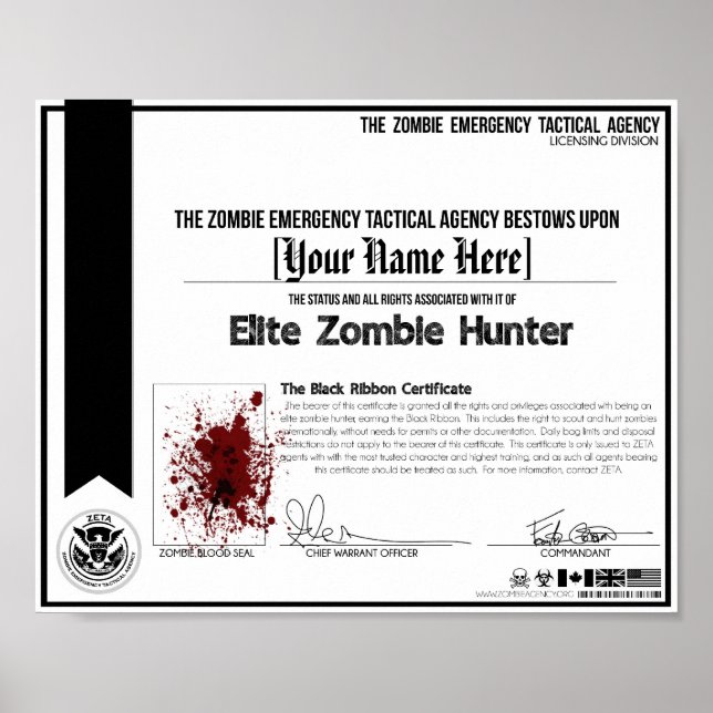 Poster Certificat de chasseur de zombie ZETA Zazzle.ca