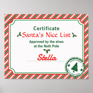Poster Certificat de la Liste des Gentils du Père Noël Bo