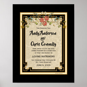 Poster Certificat de Mariage alternatif floral ivoire/or