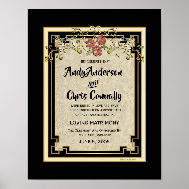 Poster Certificat de Mariage alternatif floral ivoire/or (Devant)