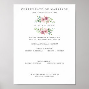 Poster Certificat de mariage avec couronne de fleurs rose