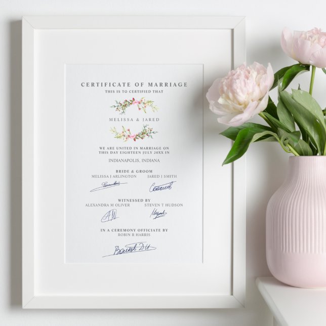 Poster Certificat de mariage avec Garland floral en rose (Créateur téléchargé)
