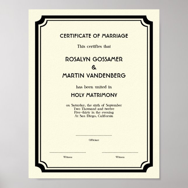 Poster Certificat de mariage Black Deco frame keepsaké éc (Devant)