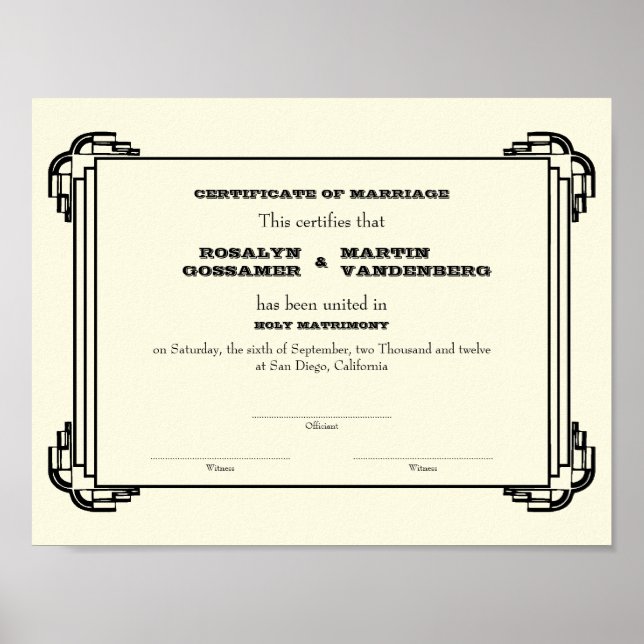 Poster Certificat de mariage Black Deco frame keepsaké éc (Devant)
