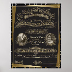 Poster Certificat de mariage classique Gatsby Deco