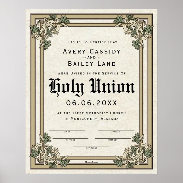Poster Certificat de Mariage de défilement antique "Union (Devant)