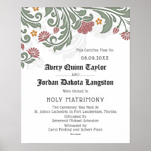 Poster Certificat de Mariage de défilement floral "Saint 